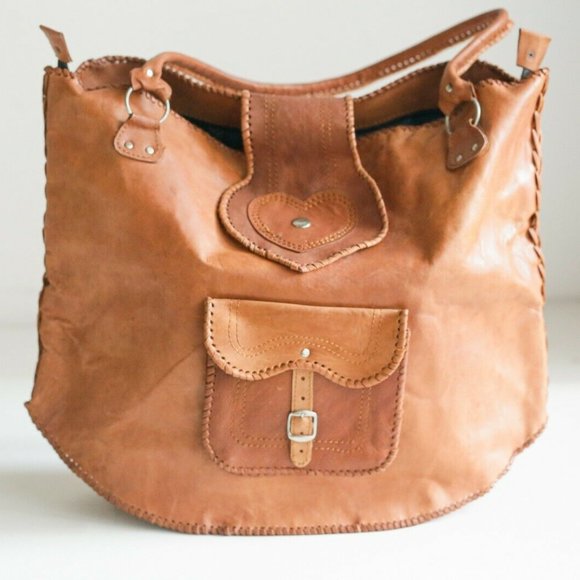 Vintage | Handmade Handbags - Massive Brown Leather Handmade  Whipstitched Bag